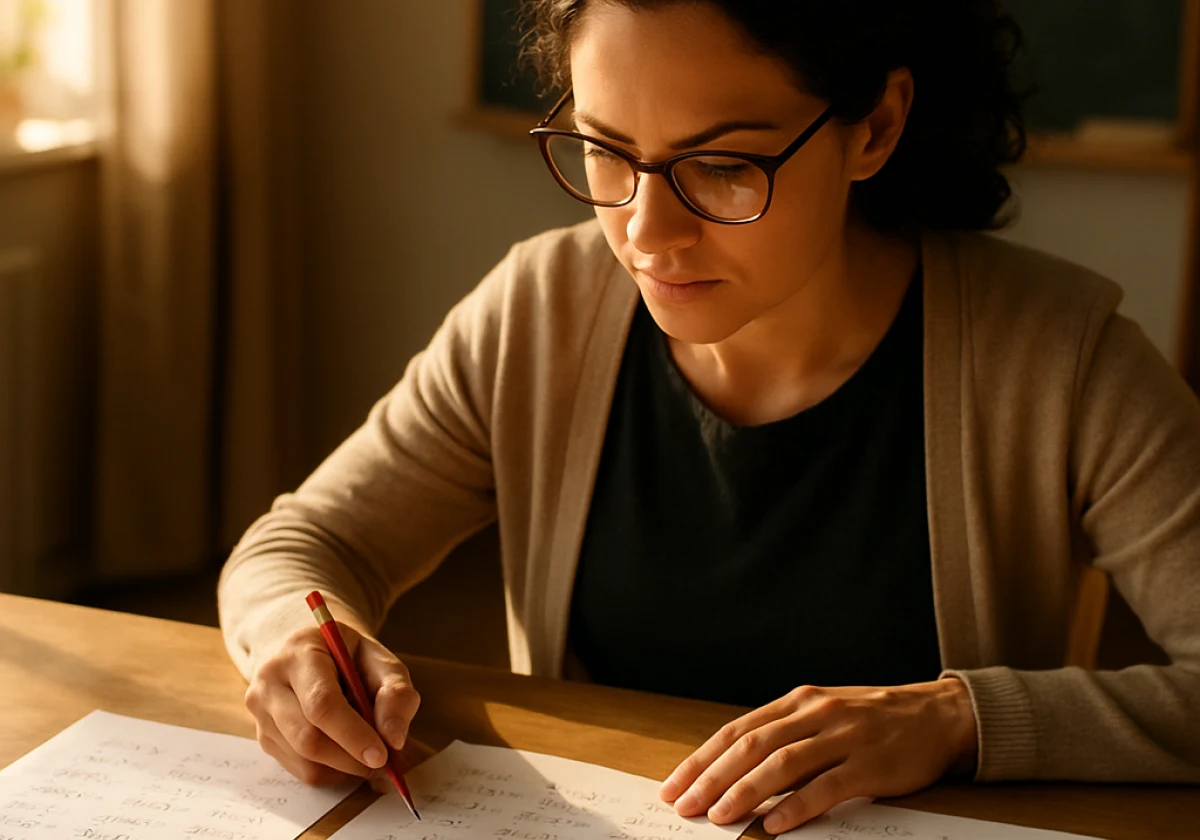 Tutor seated at a wooden desk in morning sunlight